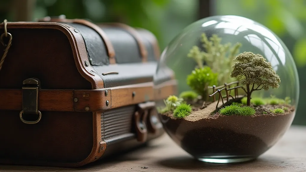 Antique accordion next to a miniature garden in a glass globe.