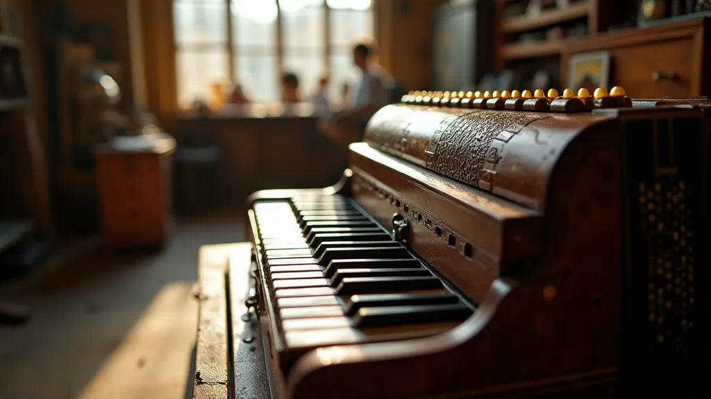 Restored antique accordion in a vintage workshop