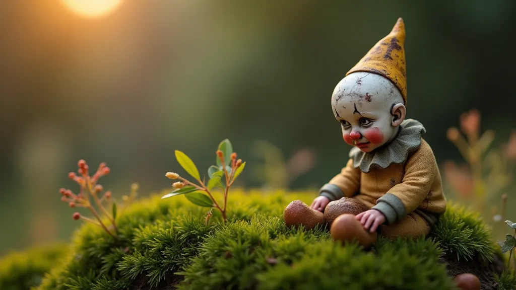 Porcelain clown in miniature garden