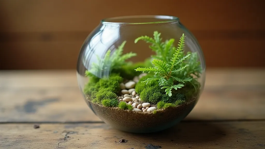 Close-up of a miniature garden in a glass globe.