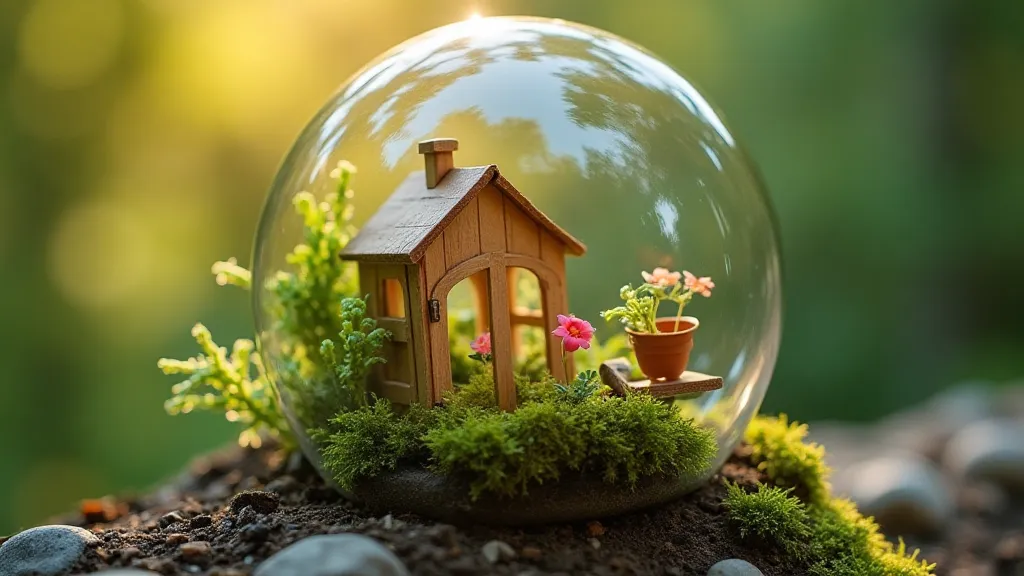 Miniature greenhouse within a glass globe.