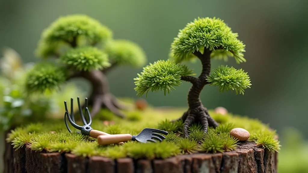 Miniature bonsai trees in a garden scene