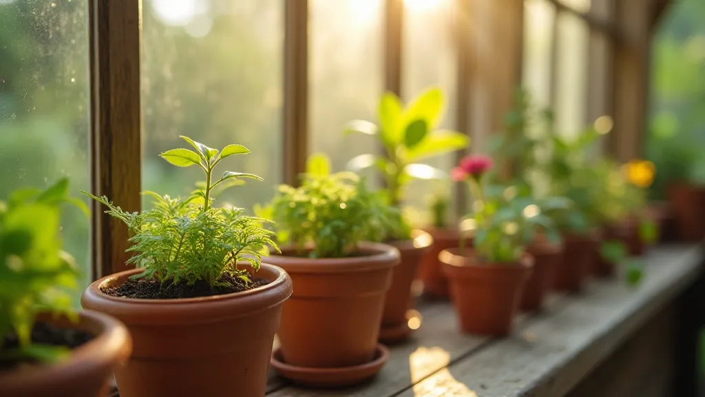 Miniature flower pots in a greenhouse