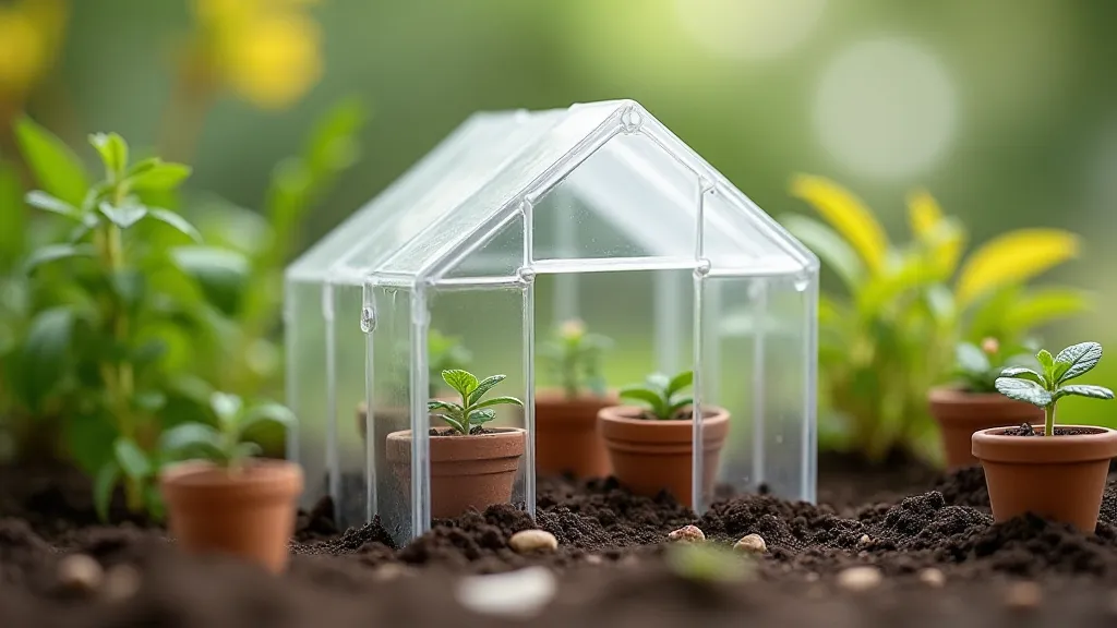Miniature greenhouse with scale model flower pots