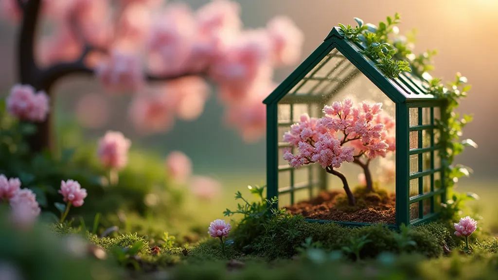 Miniature greenhouse with cherry blossoms