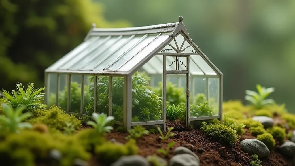 Miniature greenhouse in a dollhouse landscape