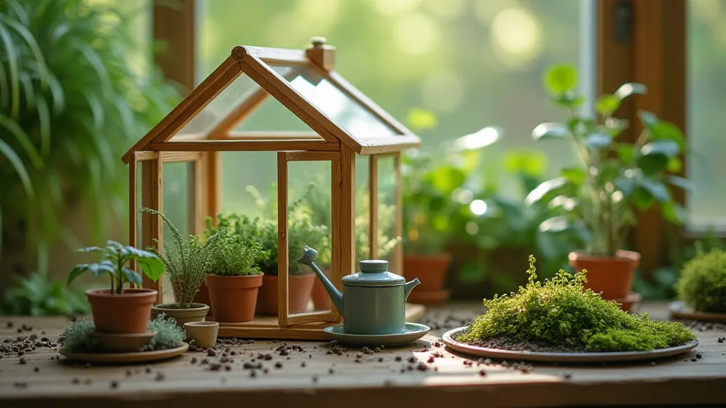 Miniature greenhouse scene with tiny plants