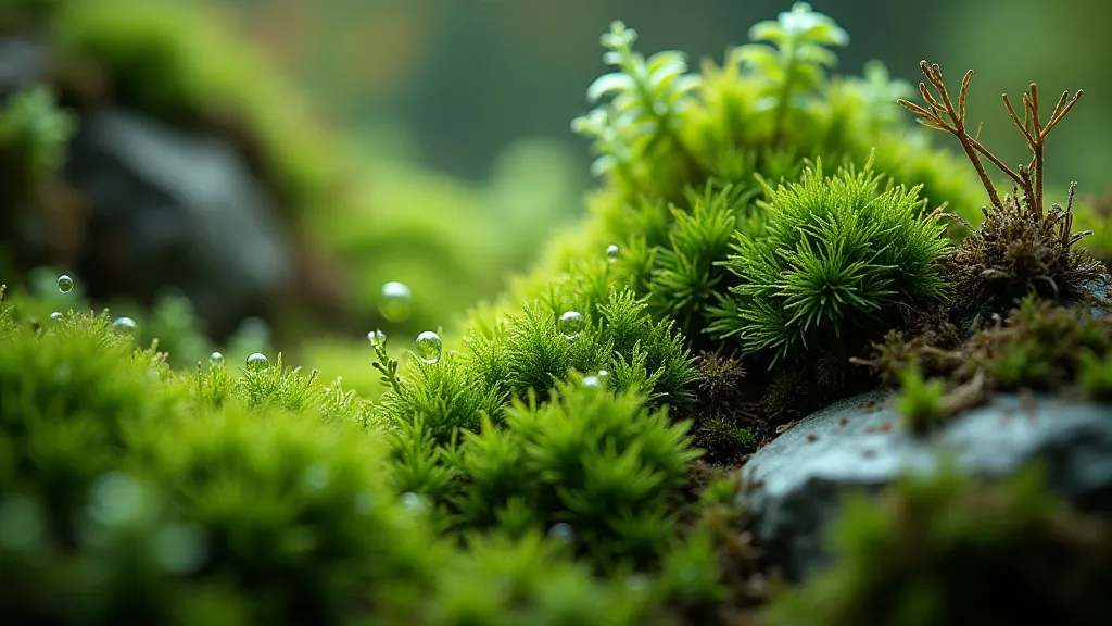Various types of miniature moss growing in a terrarium.