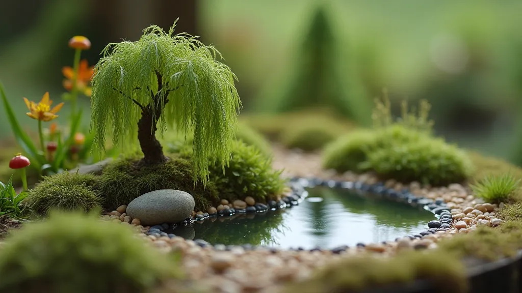 Miniature pond in a dollhouse garden