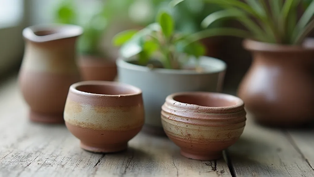 Miniature clay pots with varied textures