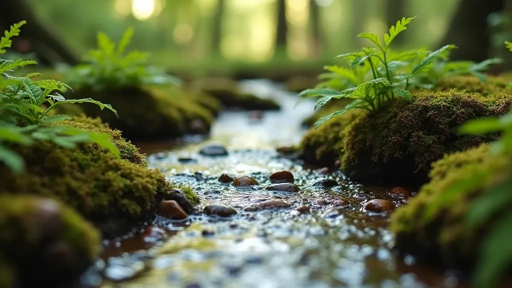 Miniature stream in a dollhouse scene