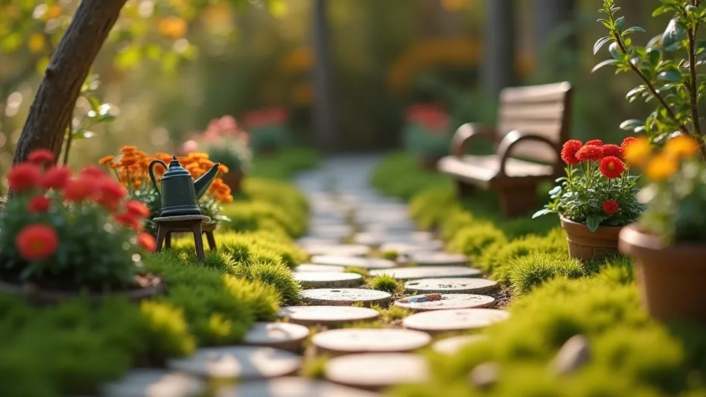 Miniature stone path through a mossy garden