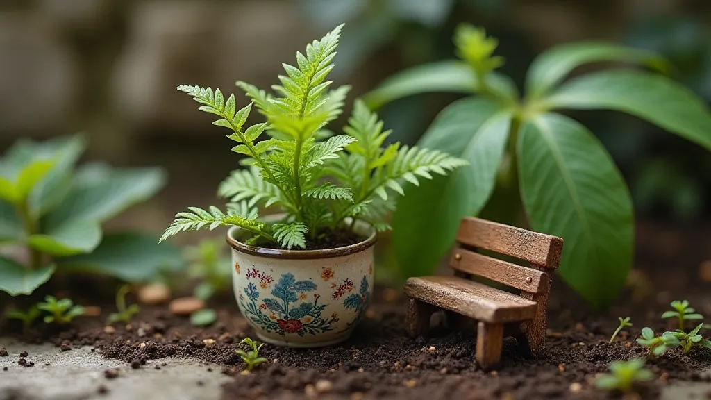 Vintage scale model flower pot in a miniature garden